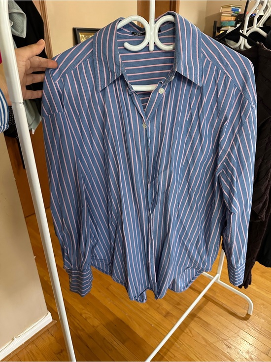Zara Tops - Zara Blue Button-Up Shirt with Pink Stripes